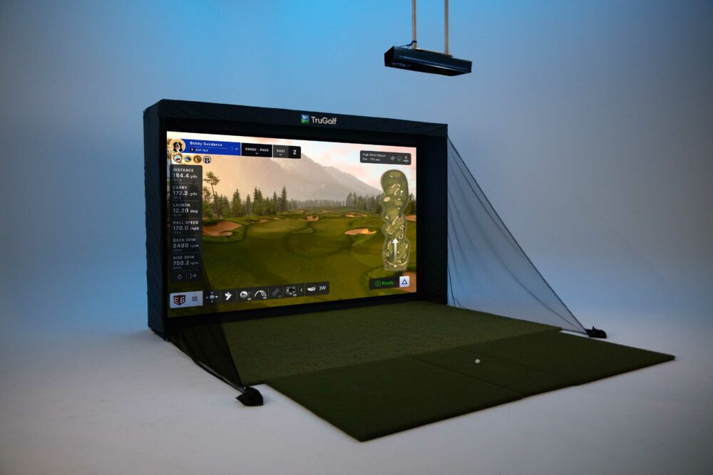 TruGolf MAX golf simulator enclosure with impact screen and hitting mat